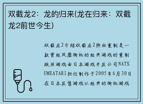 双截龙2：龙的归来(龙在归来：双截龙2前世今生)